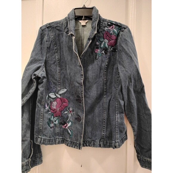 Christopher & Banks Jean Jacket Floral Embroidered SZ Lrg Bloomcore Boho Cotton - Picture 1 of 11